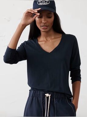 Banana Republic Timeless Tee T-Shirt Intemporel V-Neck Long Sleeve Top, L, Navy